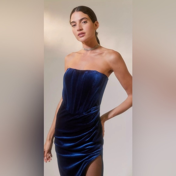 BARDOT Everlasting Velour Gown Elegant Blue Strapless Evening Dress Sz S/4 - Picture 11 of 17
